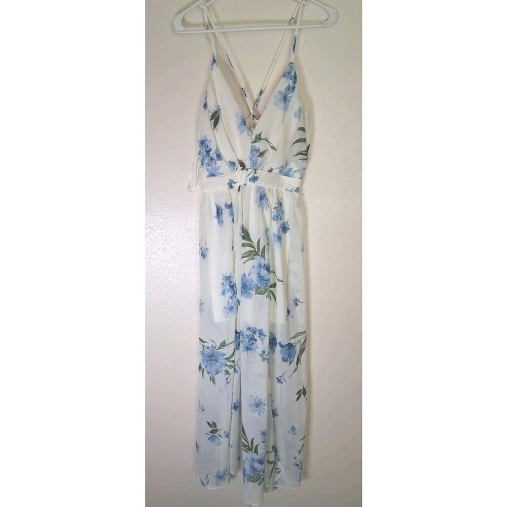 Love Tree White Blue Floral Chiffon Maxi Dress Size M High Slit Open Back...